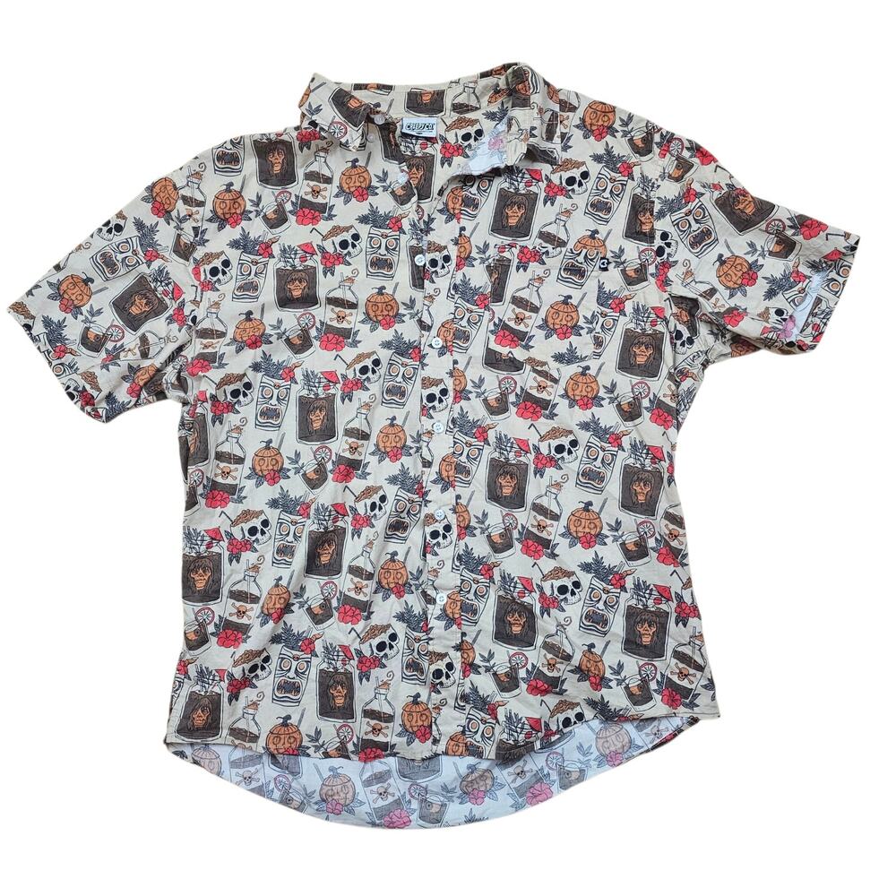 CREEPY CO. Halloween Shirt Men's XL Tiki Skull Pumpkin Cocktail Shrunken Head